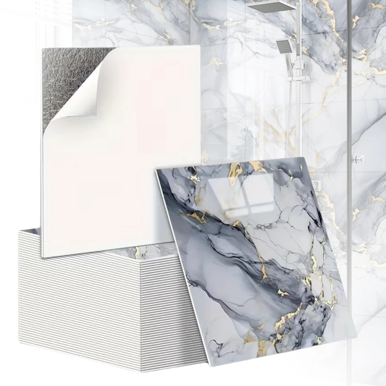 10PCS 3D Marble Effect Tile Stickers Waterproof Self Adhesive Panels for Bathroo