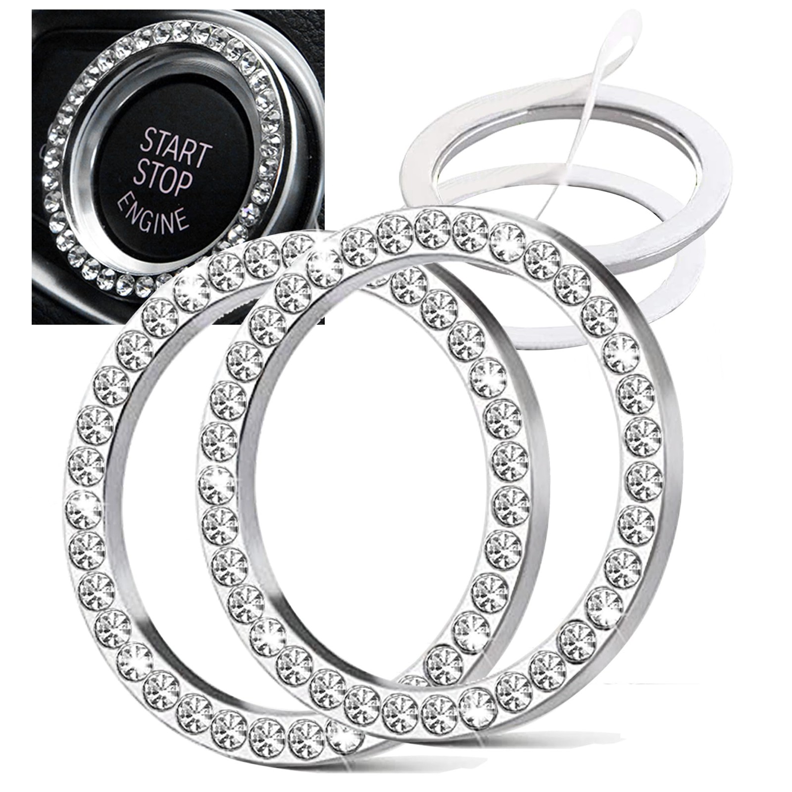 2pcs Bling Car Engine Start Button Cover Diamond Crystal Push Start Stop Butt…