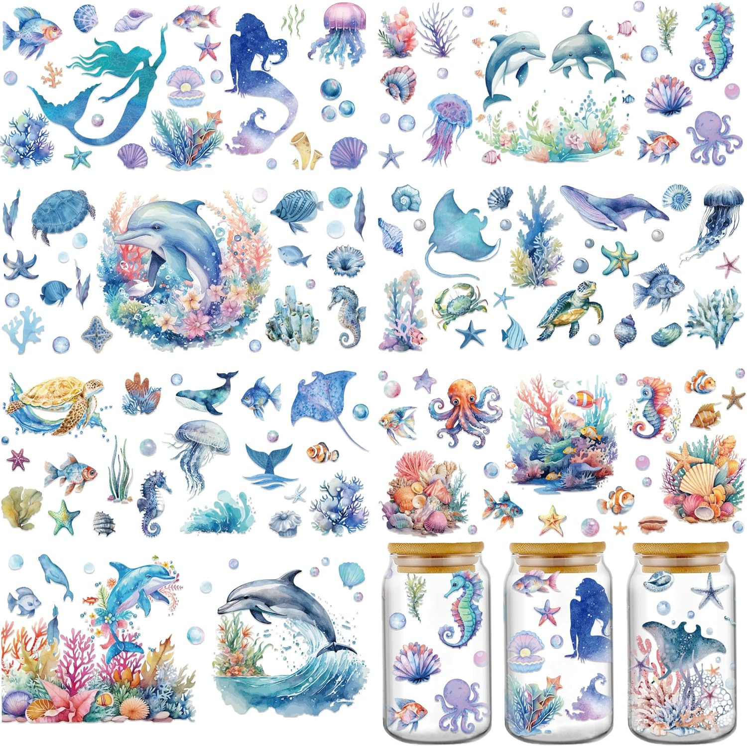 Transfer Cup Wraps Stickers – 8 Sheets Sea Animals UV DTF Cup Wraps for 16 Oz Gl