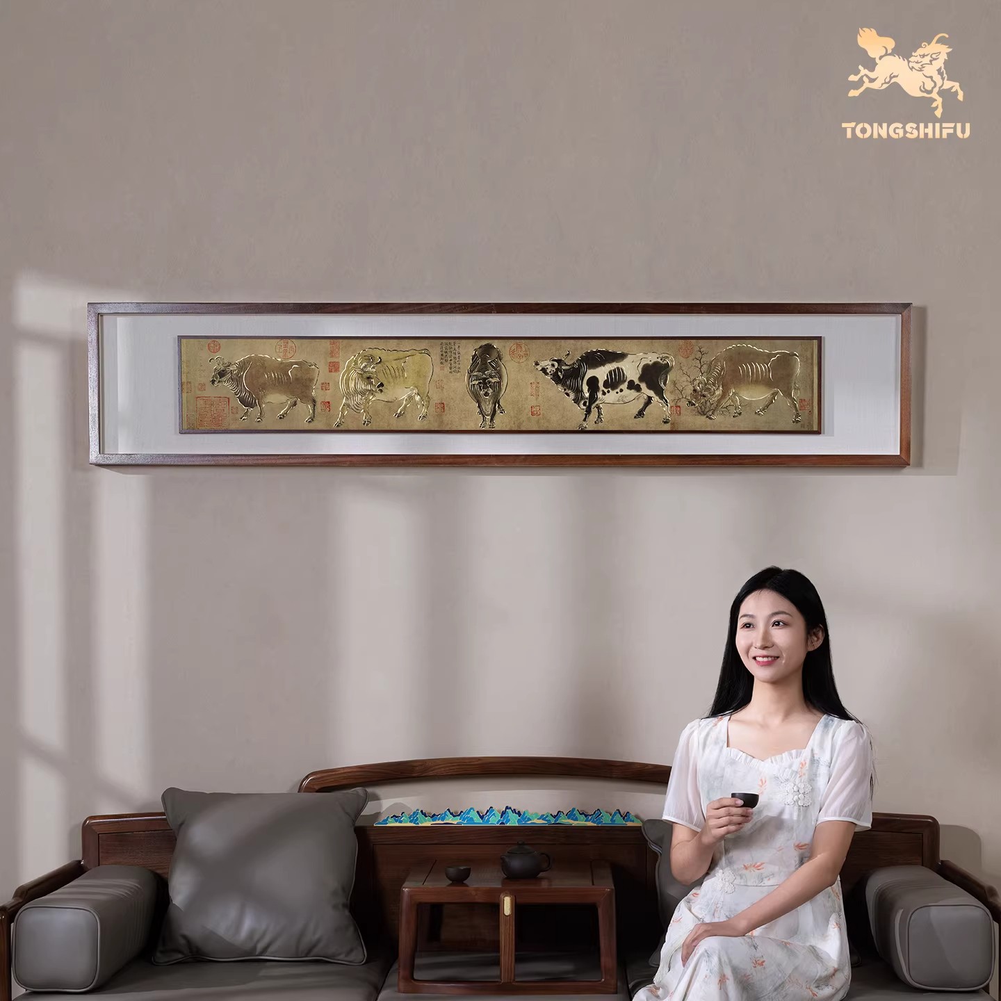 Handmade Bronze Sculpture Painting Five Oxen Chinese Style Decorative Wall Art