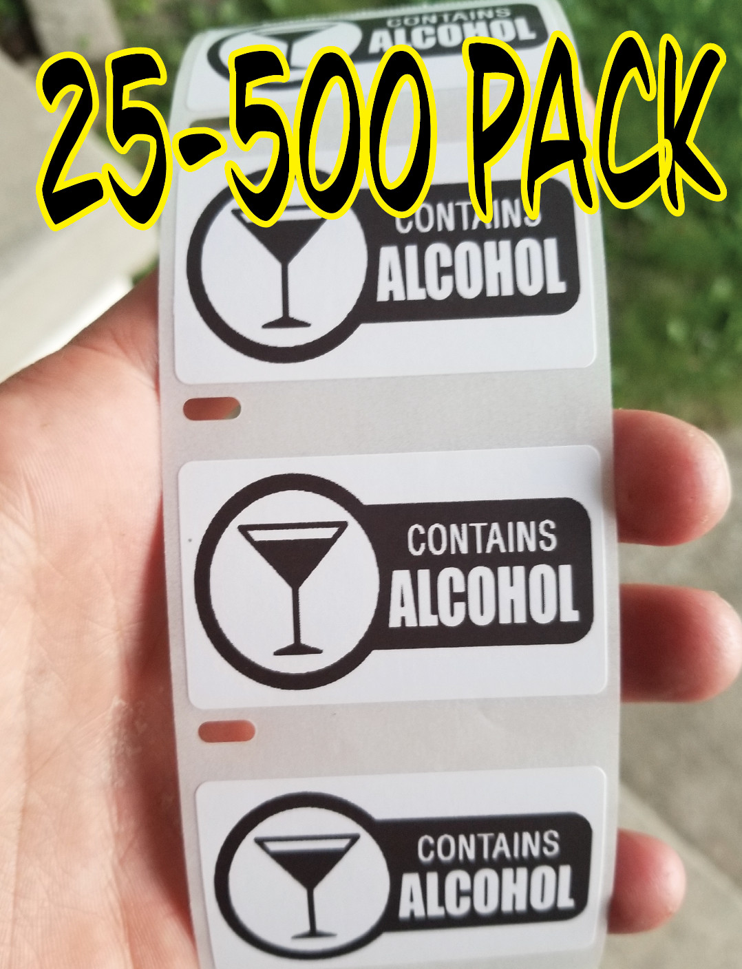 “CONTAINS ALCOHOL” 25-500 Warning Labels gag PARTY Stickers Gag Prank