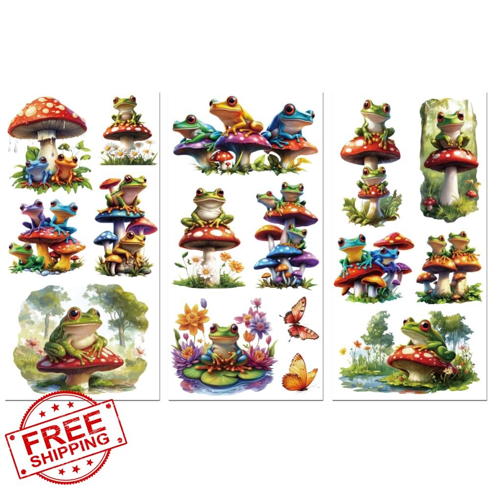 peacoblue Mushrooms Frog Transfer Sticker 6″x12″ 3Pcs