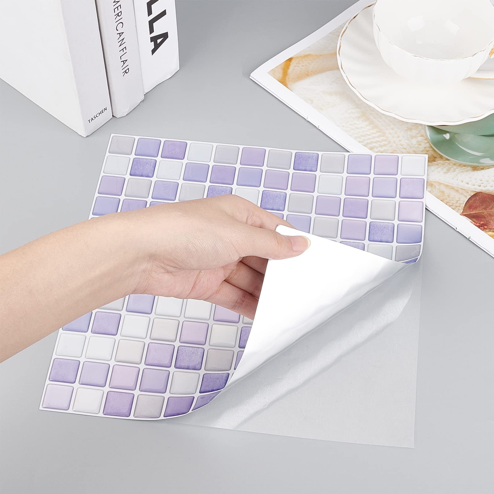5pcs Peel and Stick Backsplash Purple Square 3D Mosaic Removable Tile Sticker…