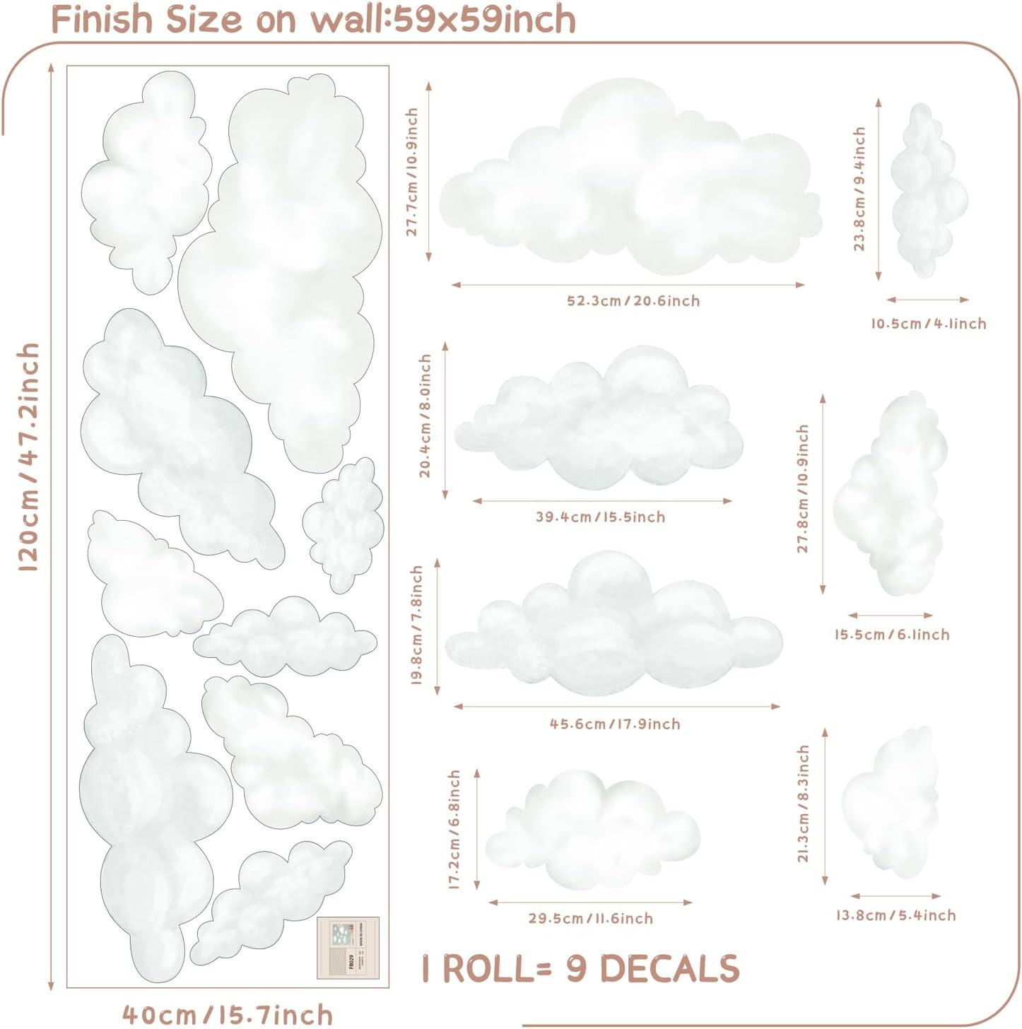 9Pcs Fabric Large Cloud Wall Decals,Peel and Stick Decals Watercolor Clouds,Home
