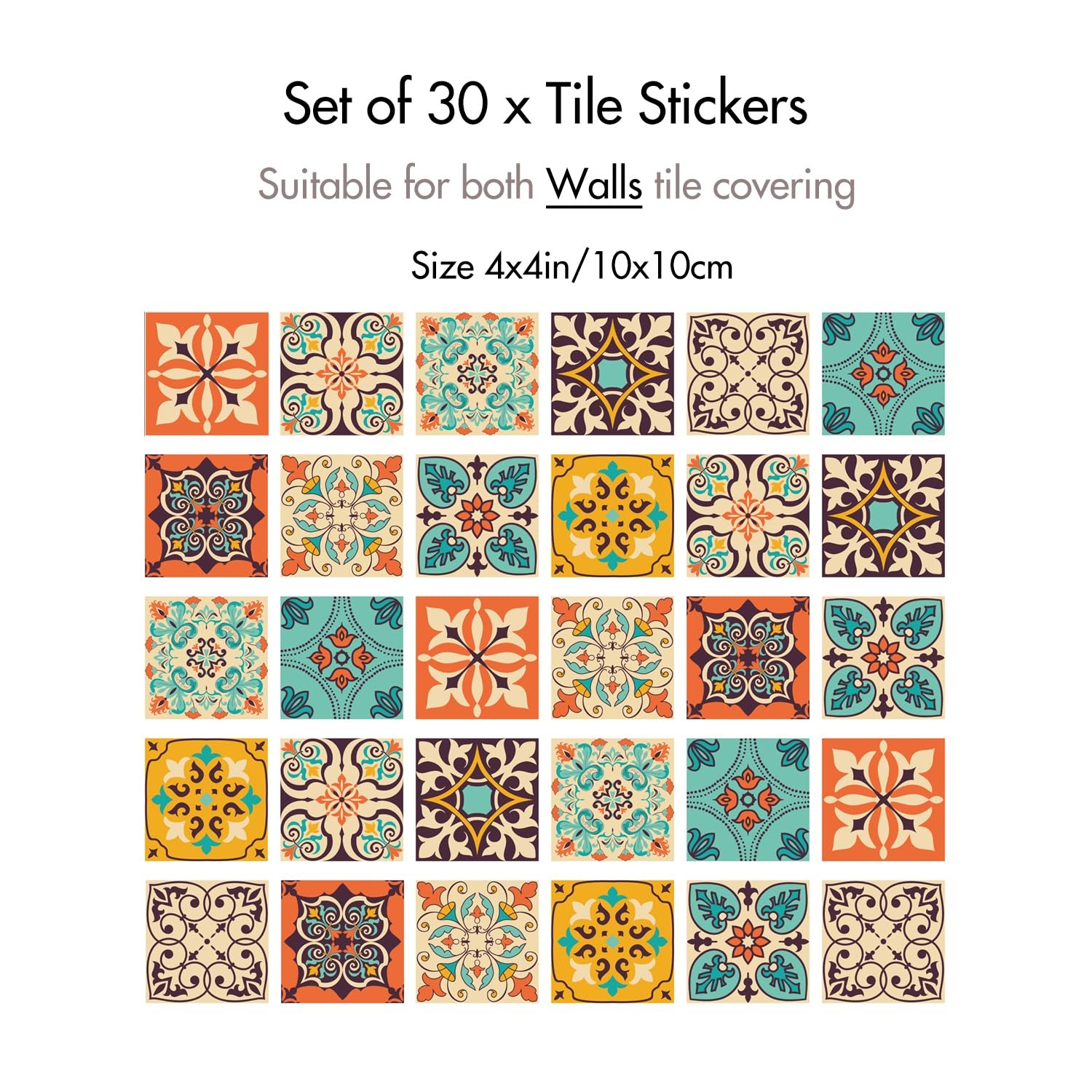 Vintage Moroccan Bohemian Tile Stickers 30 PC Pack – -Adhesive PVC Waterproof…