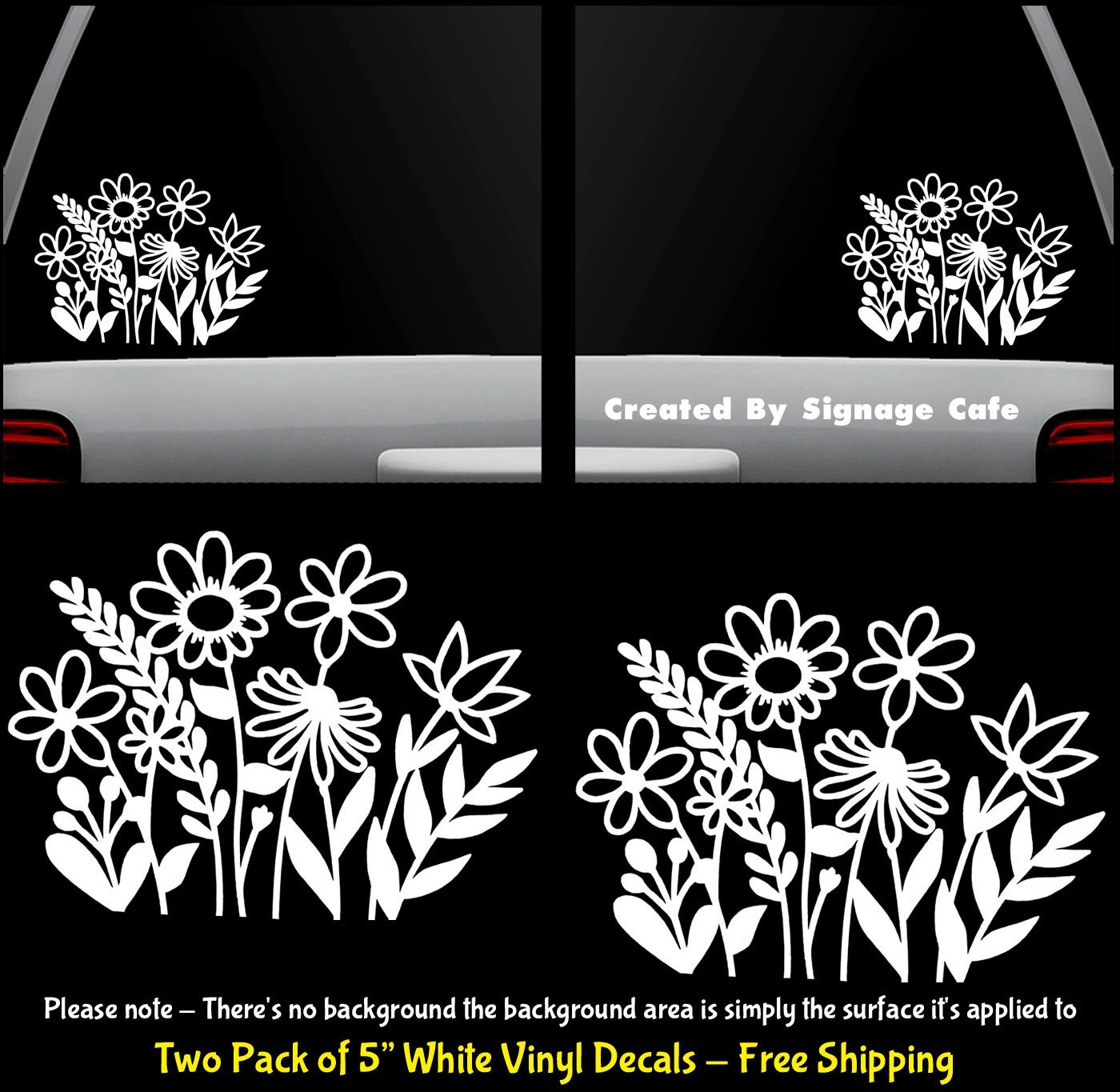 Wildflowers Two 5″ White Decals Windows Car Vehicle Glass Door Any Flat Surface