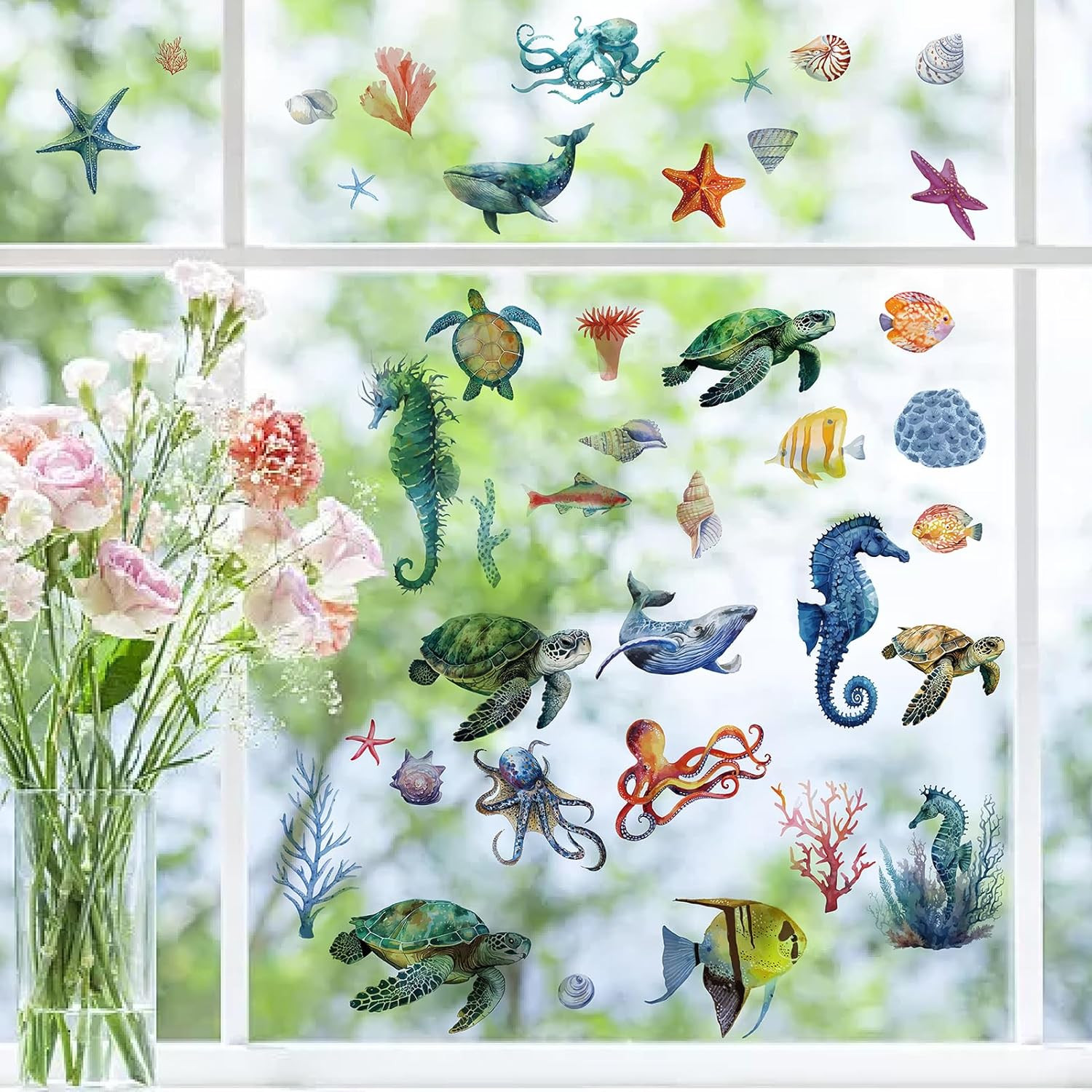 8 Sheets Sea Life Window Decals Stickers Ocean 3D Turtle Seahorse Starfish Coral