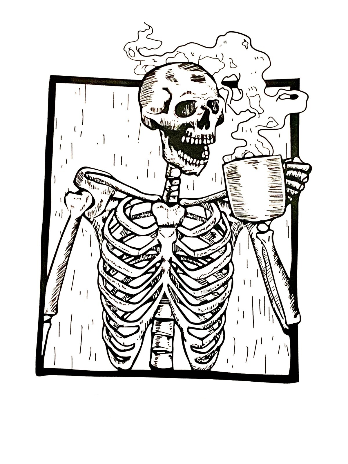 Skeleton Coffee Phone Sticker (2 Inch) Line Art Minimalist Gothic Sketch
