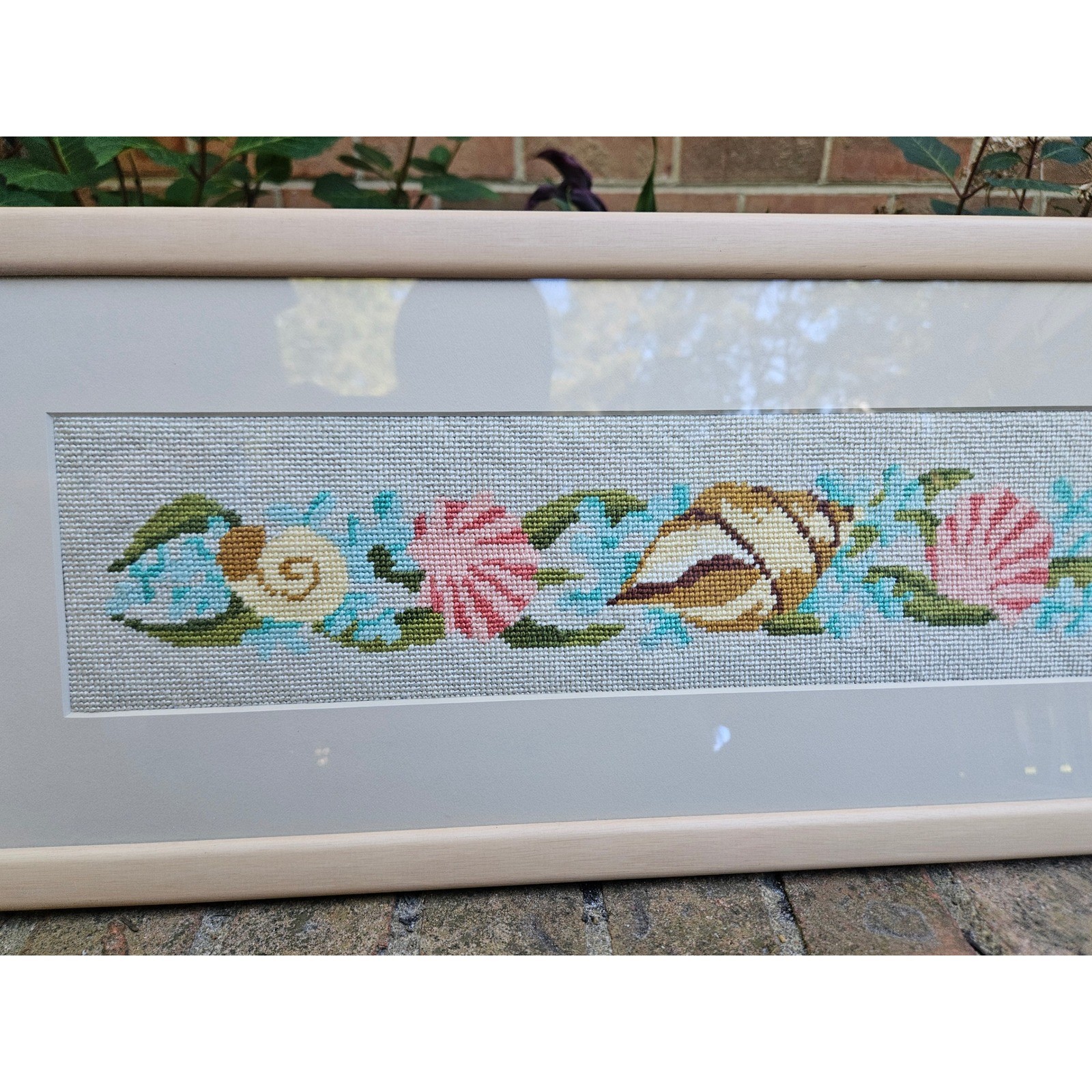 Vintage Matted & Framed Seashell Cross Stitch Art, 25″ x 9.75″ Ocean Beachhouse