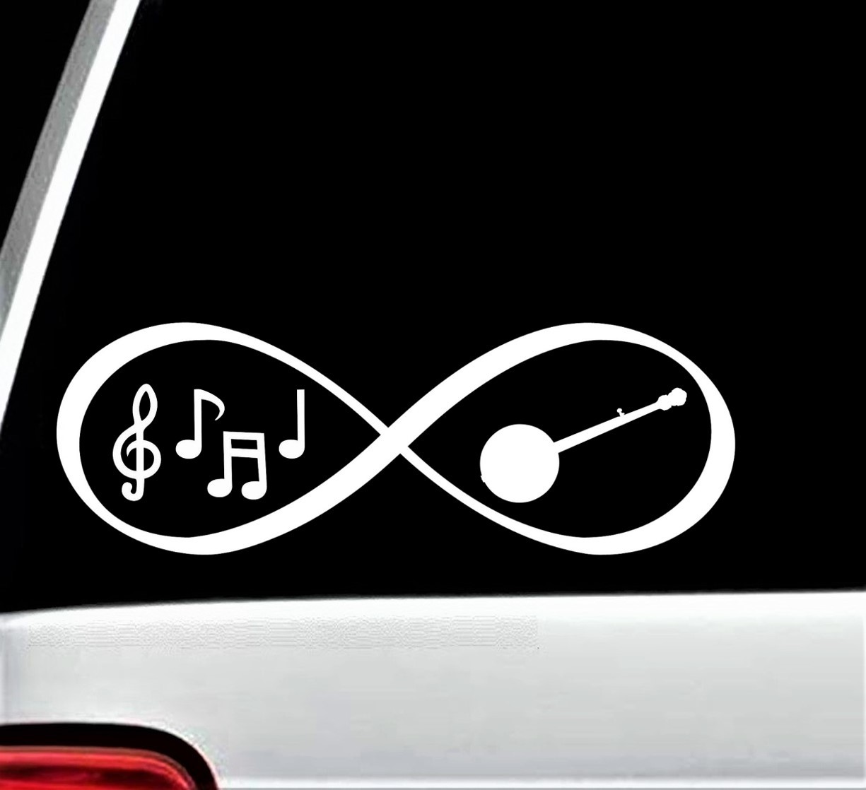Banjo Bluegrass Music Notes Infinity Decal Sticker for Car Window 8 Inch BG 188