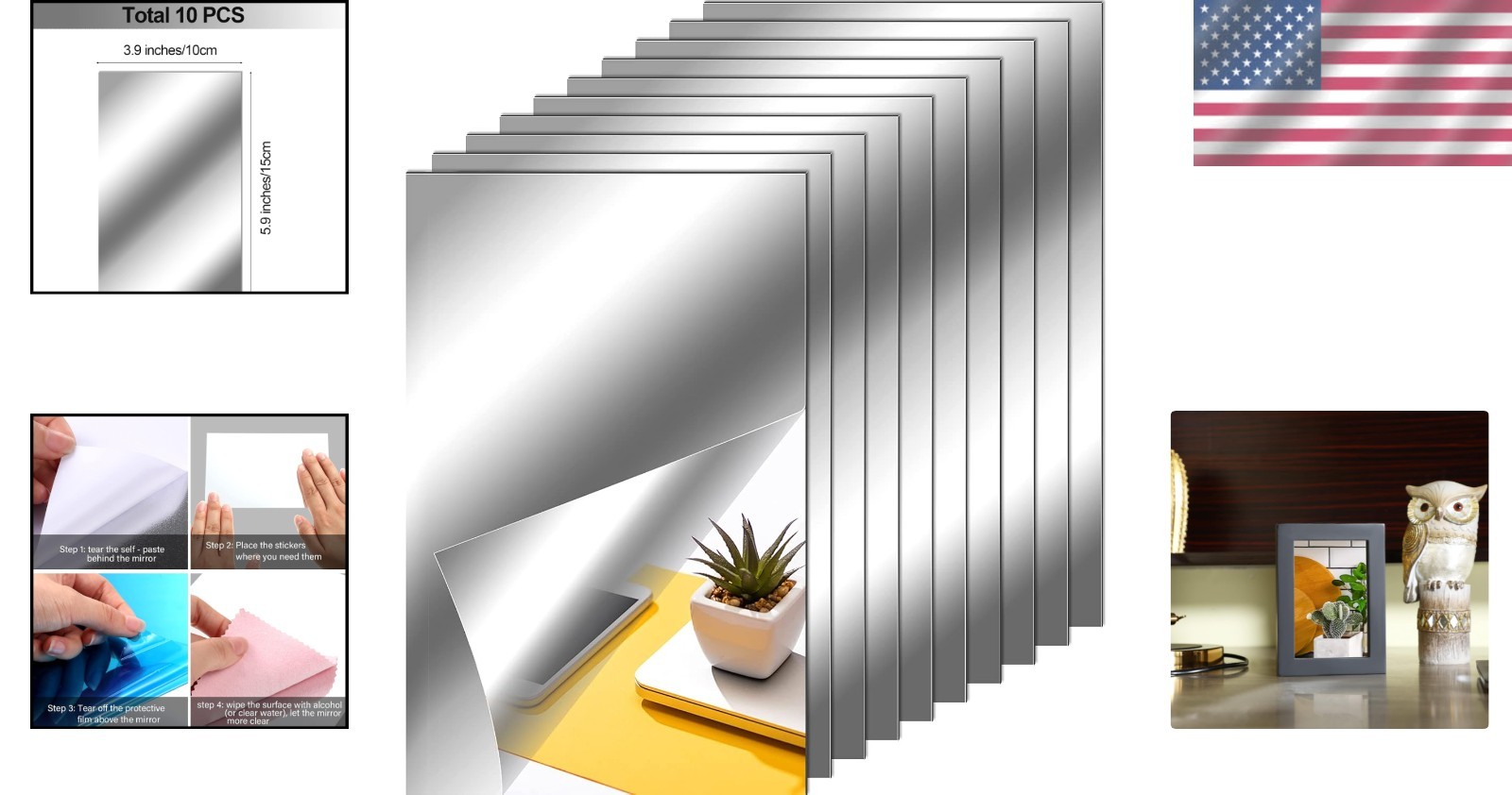 Reflective Wall Decor: 10 Adhesive Silver Mirror Stickers – 4 x 6 Inches