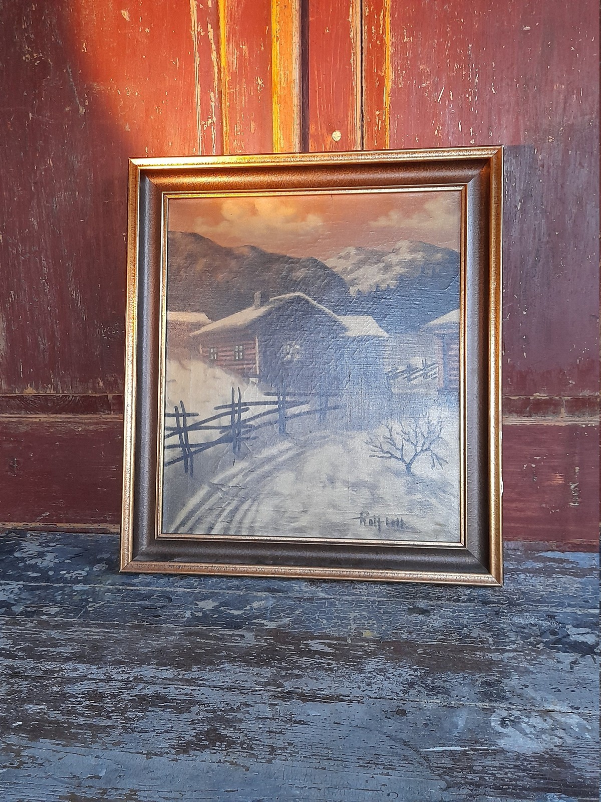 Scandinavian Charm: Vintage Oil Painting of a Norwegian Farmer’s Yard