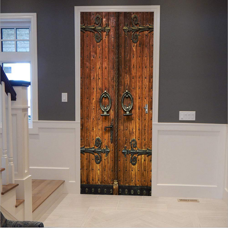 PVC Door Sticker 3D Wallpaper Rustic Brown Wood Door Home Wall Decals Mural