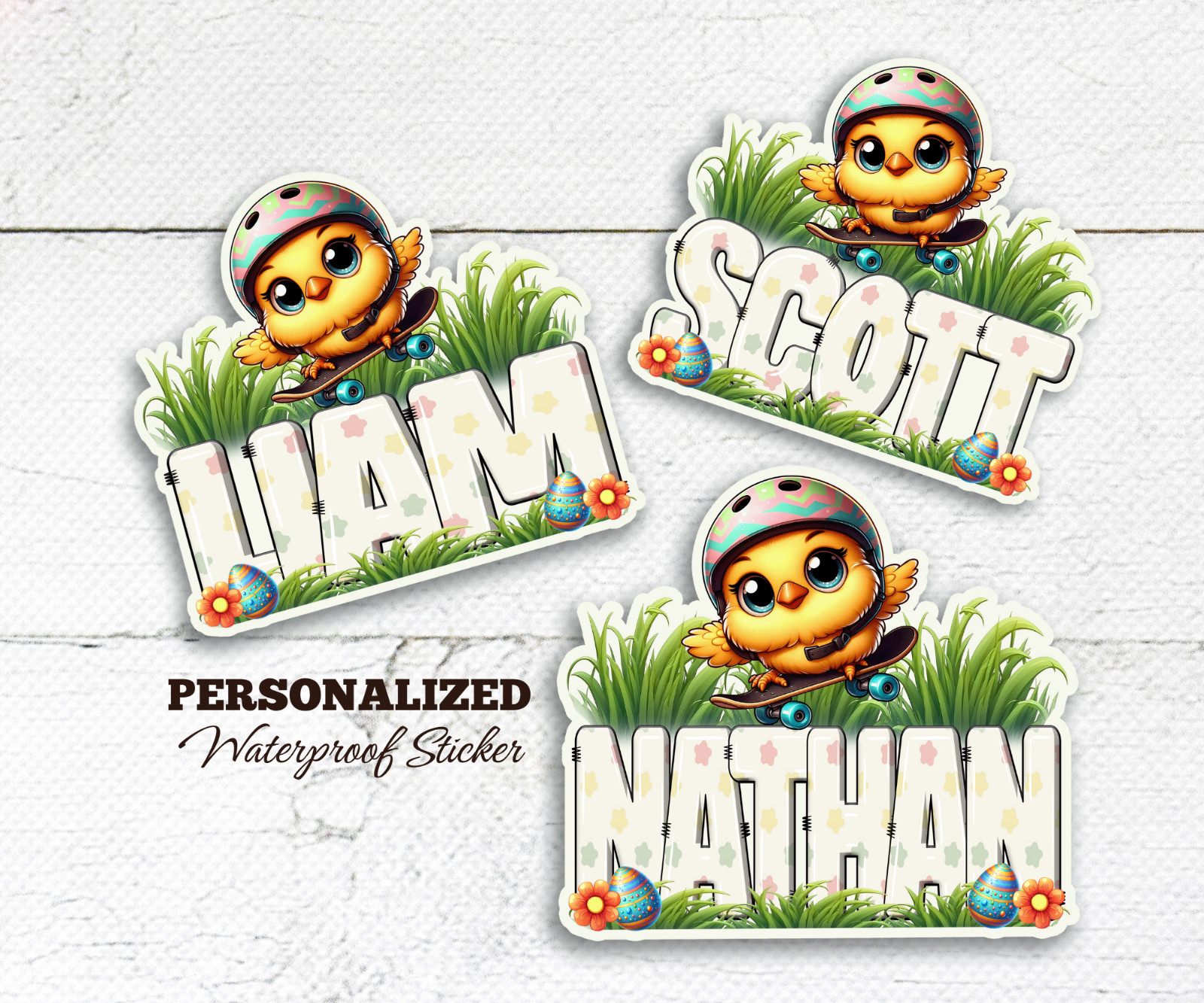 Personalized Skateboard Chick Name Sticker, Easter Vinyl Decal, Cute Kids Gift