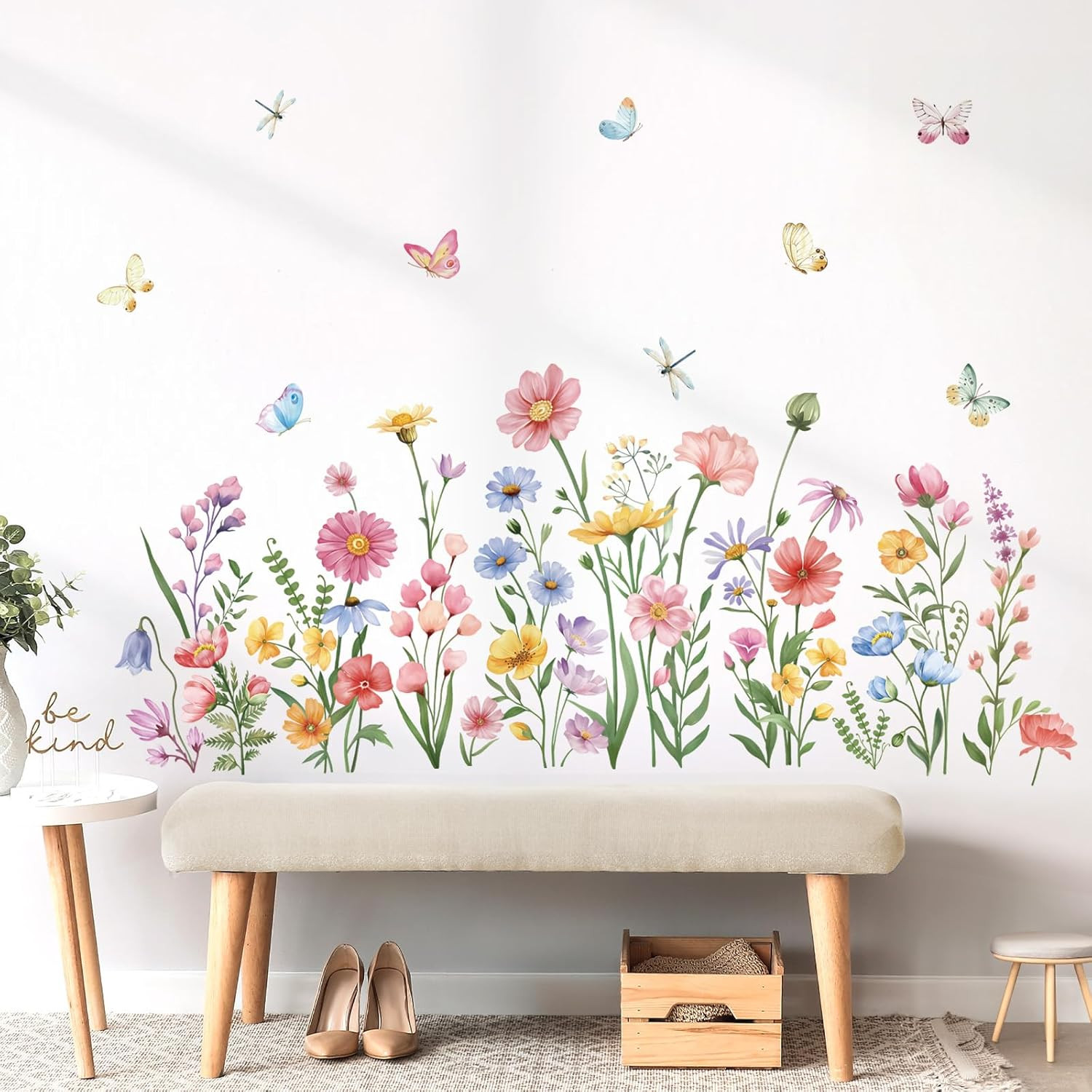 Pink Wildflower Wall Stickers Garden Flower Daisy Butterflies Floral