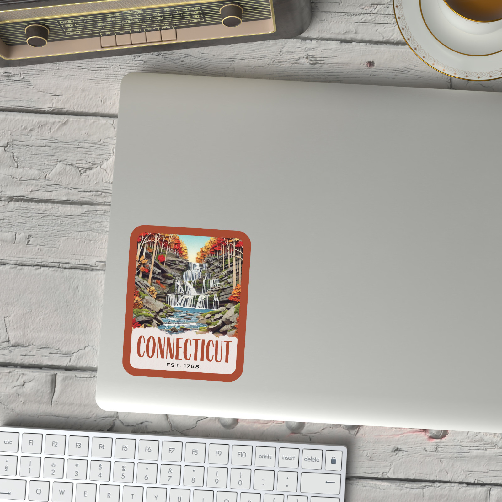 Connecticut State Sticker, Paper Collage Look, Scenic Waterfall Vinyl Decal