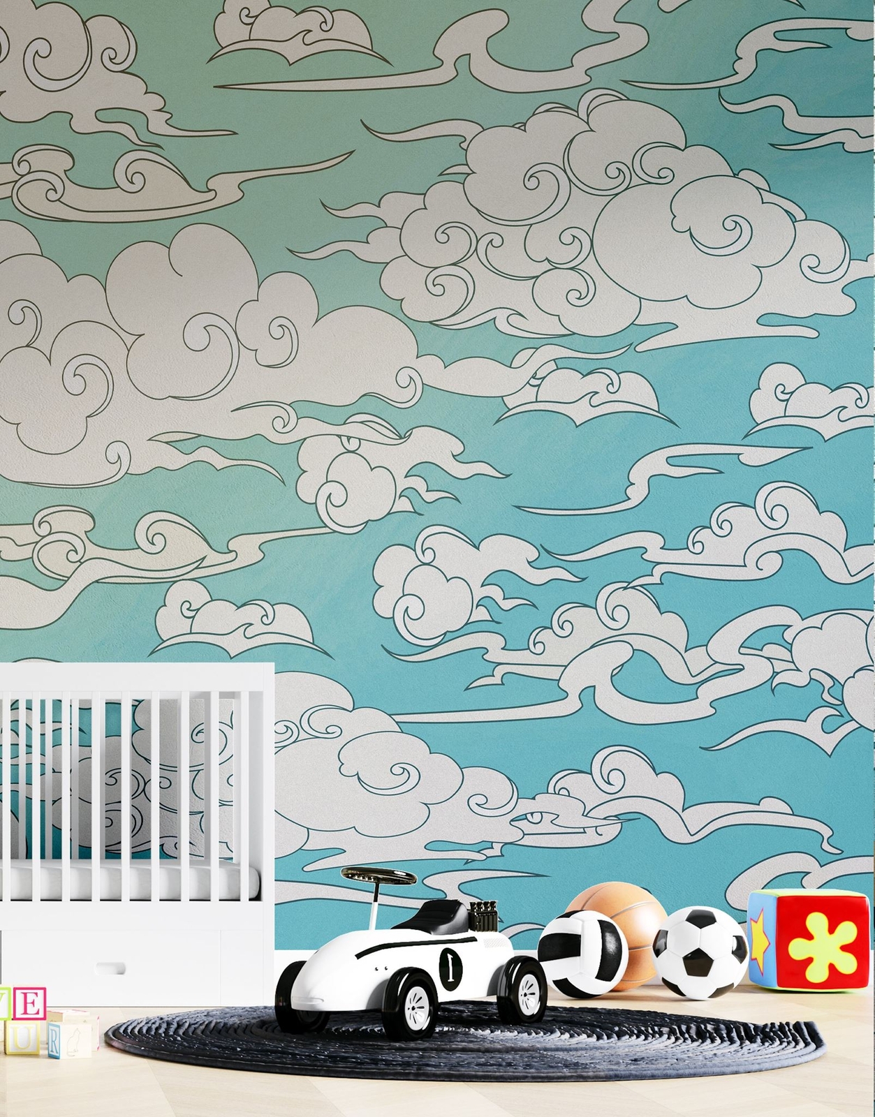Japanese Traditional Curly Cloud in Sky Abstract Illustration Asian Decor Wall M