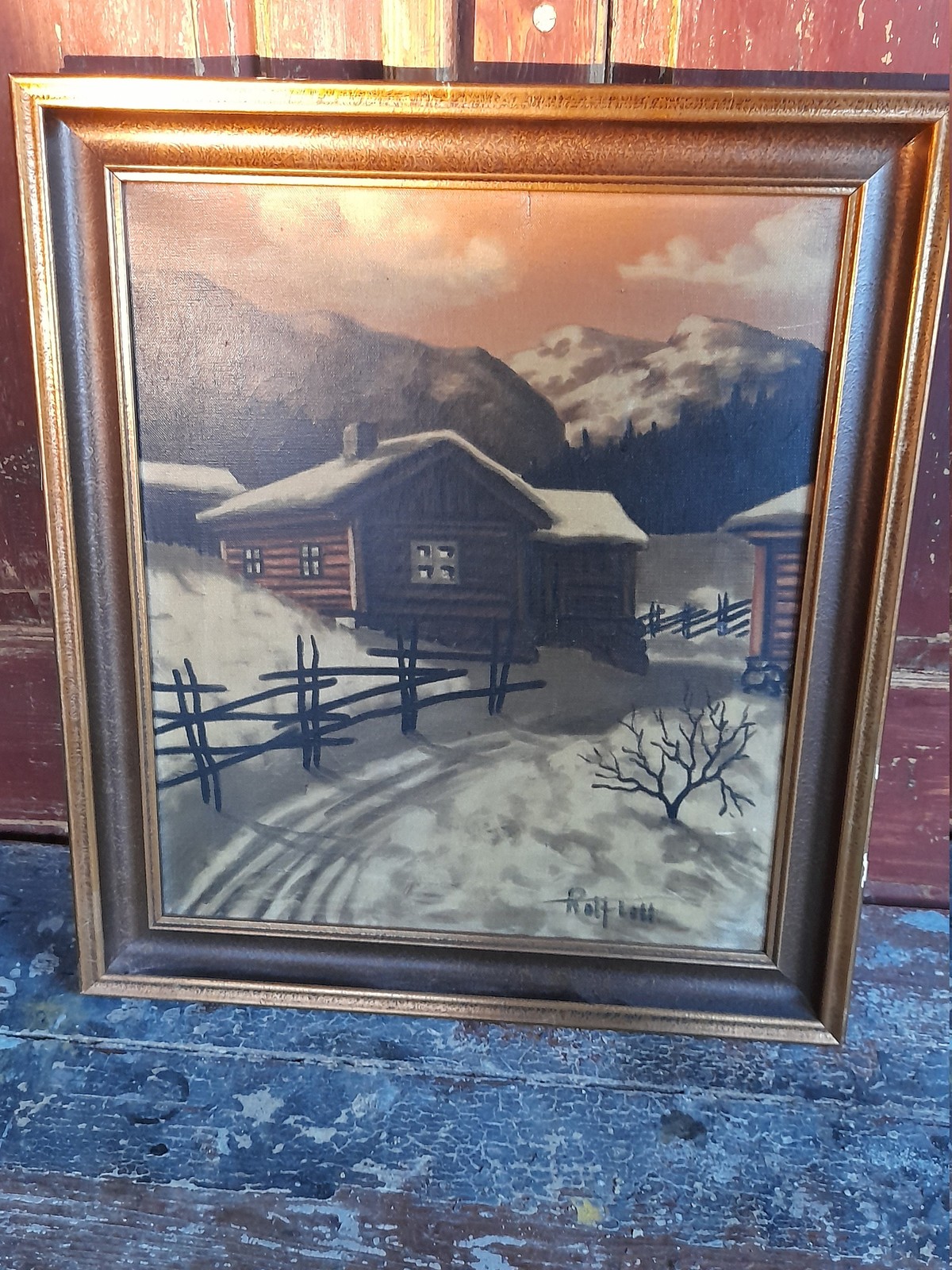 Scandinavian Charm: Vintage Oil Painting of a Norwegian Farmer’s Yard