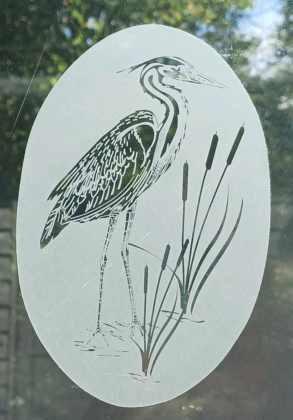 Heron Left Window Decal 4″x6″ OVAL Etched Glass Look Cling Removable &Reusable 1