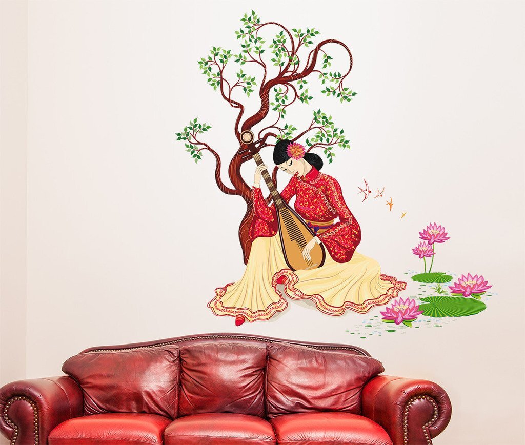 Wall Sticker Chinese Girl Playing Music Under Tree Art Poster Room Décor PVC