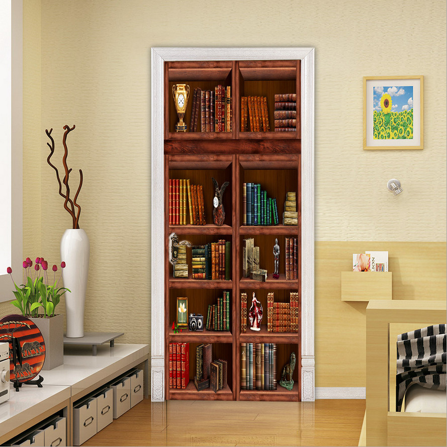 Door, Wall or Fridge STICKER – Rustic Bookshelf Waterproof 3D Mural Decal Cover
