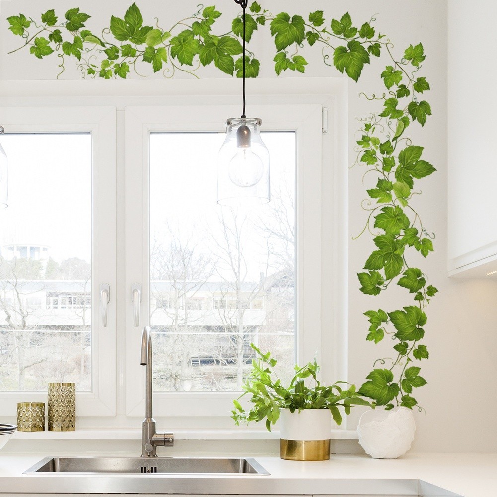 Self Green Vine Flower Wall Sticker PVC Material for Living Room Decor