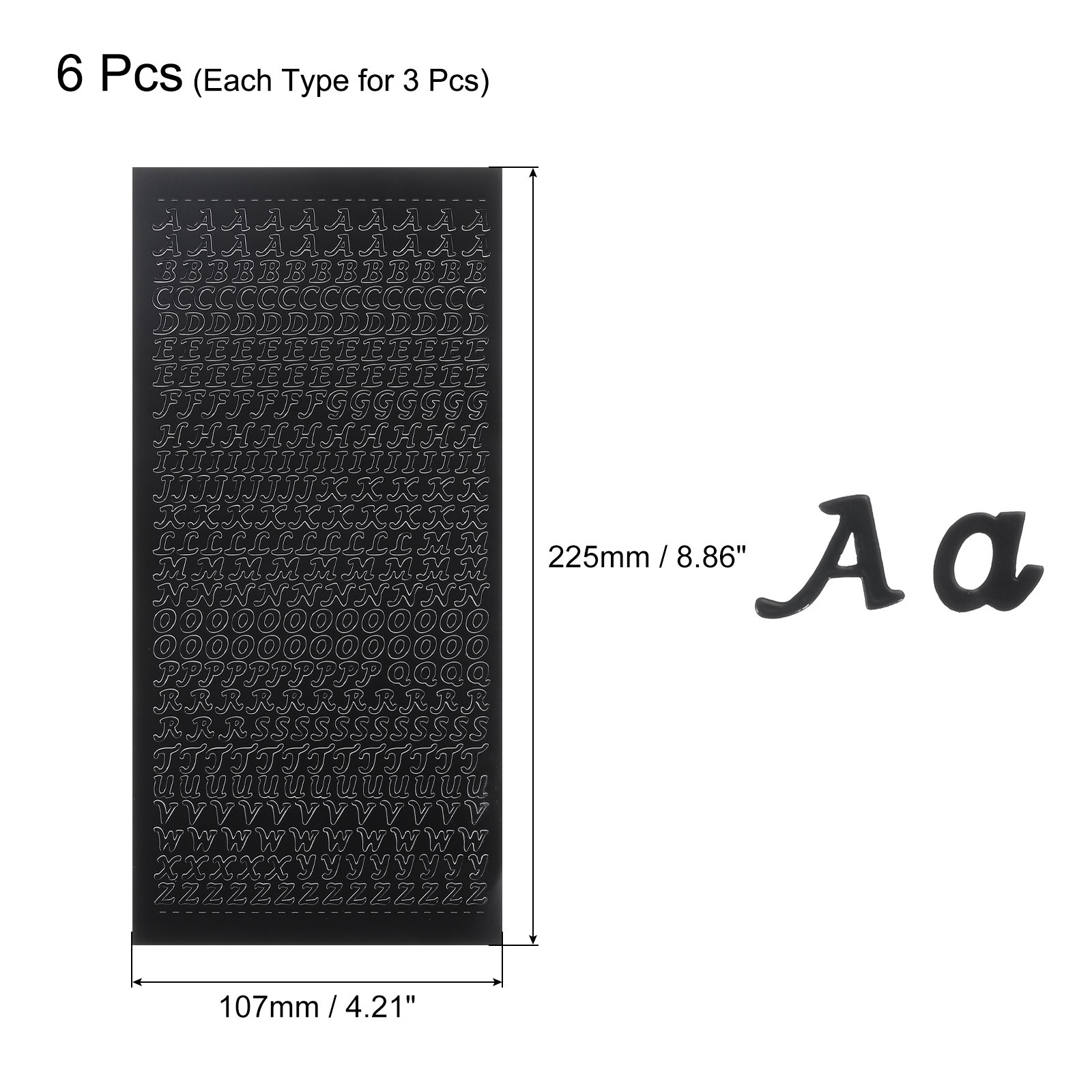 6 Sheets Alphabet Letter Sticker Black Upper Lower a to Z Self Adhesive