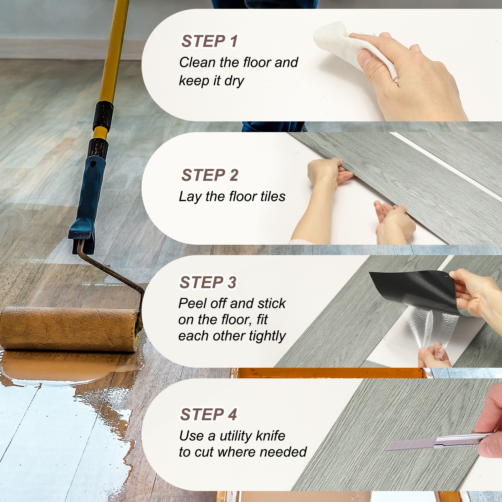 12pcs Peel and Stick Floor Tile 36 x 6″ PVC Wood Plank Flooring,Creamy White