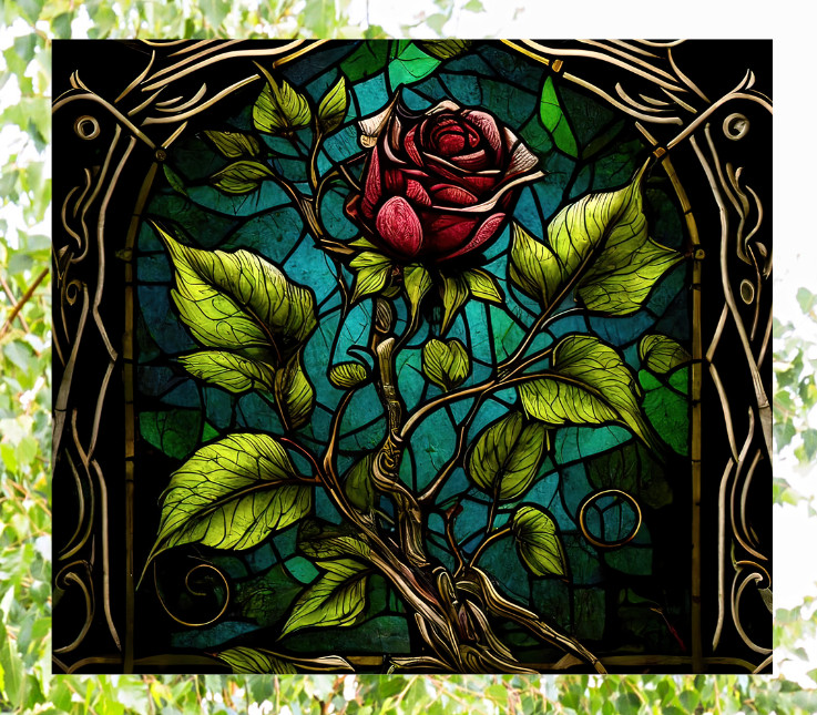 Long Stem Red Rose Faux Stained-Glass WINDOW CLING Size 9.1″ Vinyl