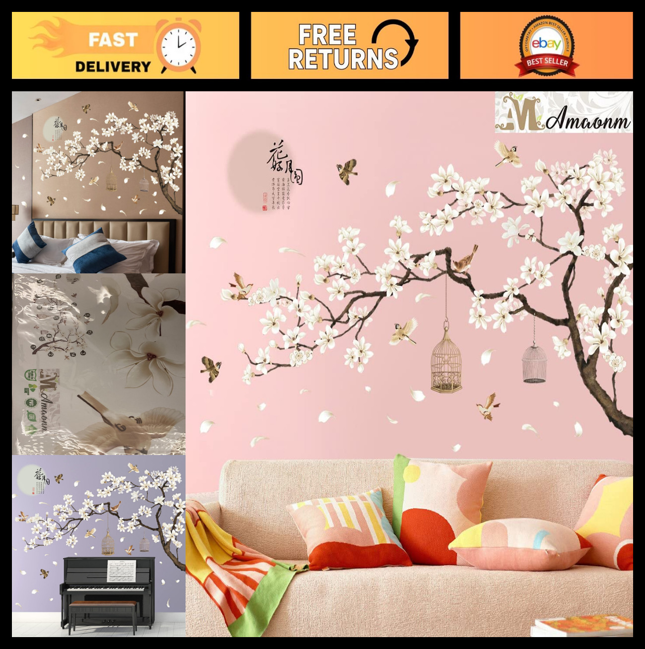 Removable Chinese Style Wall Stickers – White Flowers, Black Tree & Birds Decor,