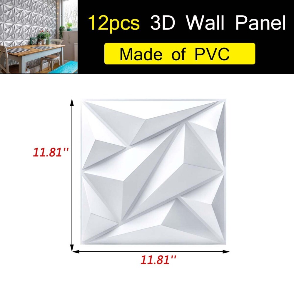 12PCS PVC 3D Wall Panels Decorative White Textured Diamond Design Ceiling 11.8″