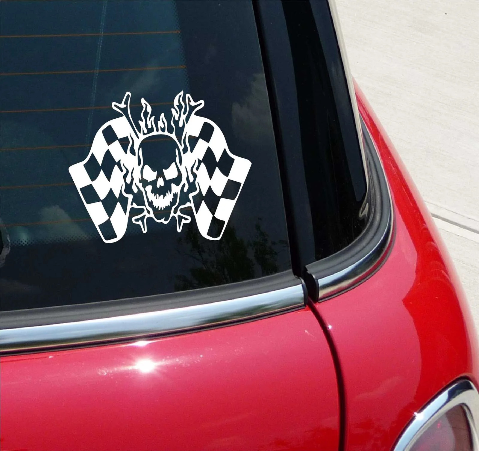 SKULL CHECKERED FLAG RACING GRAPHIC DECAL STICKER ART CAR WALL DECOR