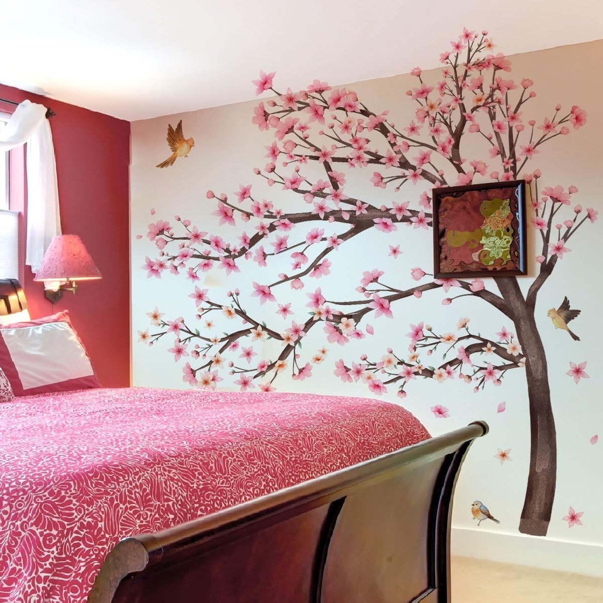 Large Pink Cherry Blossom Wall Decals – Floral Birds Tree Branch Stickers for Ho