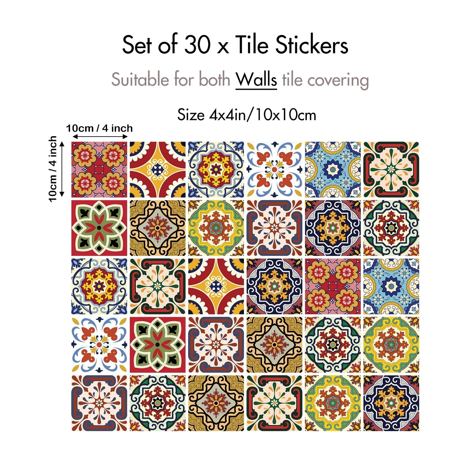 Mediterranean Peel Stick Kitchen Backsplash Stickers Boho Decor 30pk 4x4in