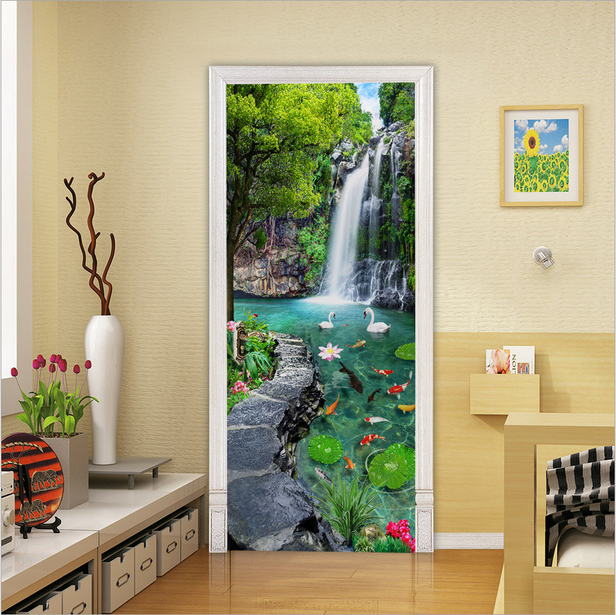 3D Self Adhesive Green Forest Waterfall Door Sticker Wall Decor Mural Wallpaper