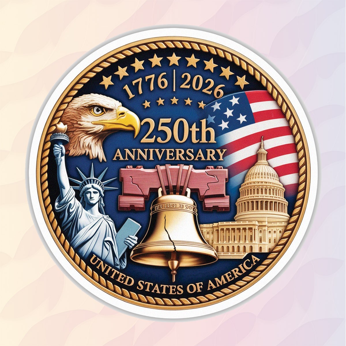 250th Anniversary of USA Sticker, Patriotic Eagle Flag Liberty Bell Size 5″