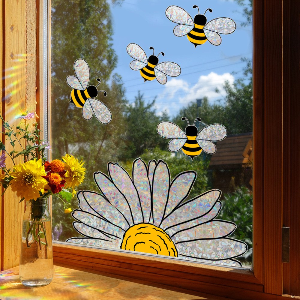5pcs Double-Side Glass Decals Shiny Rainbow Bee Sunflower Window Stickers Clings