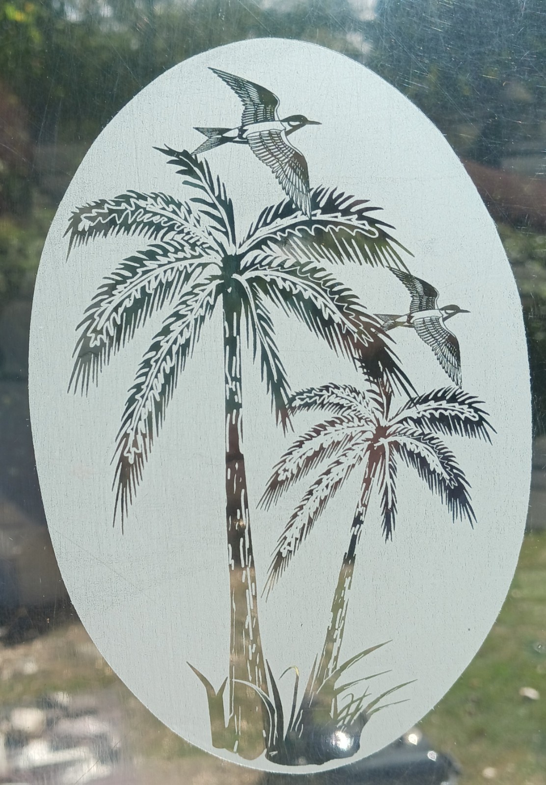 Palm Tree Window Decal 20″x30″OVAL Etched Glass Look Cling Removable &Reusable 3