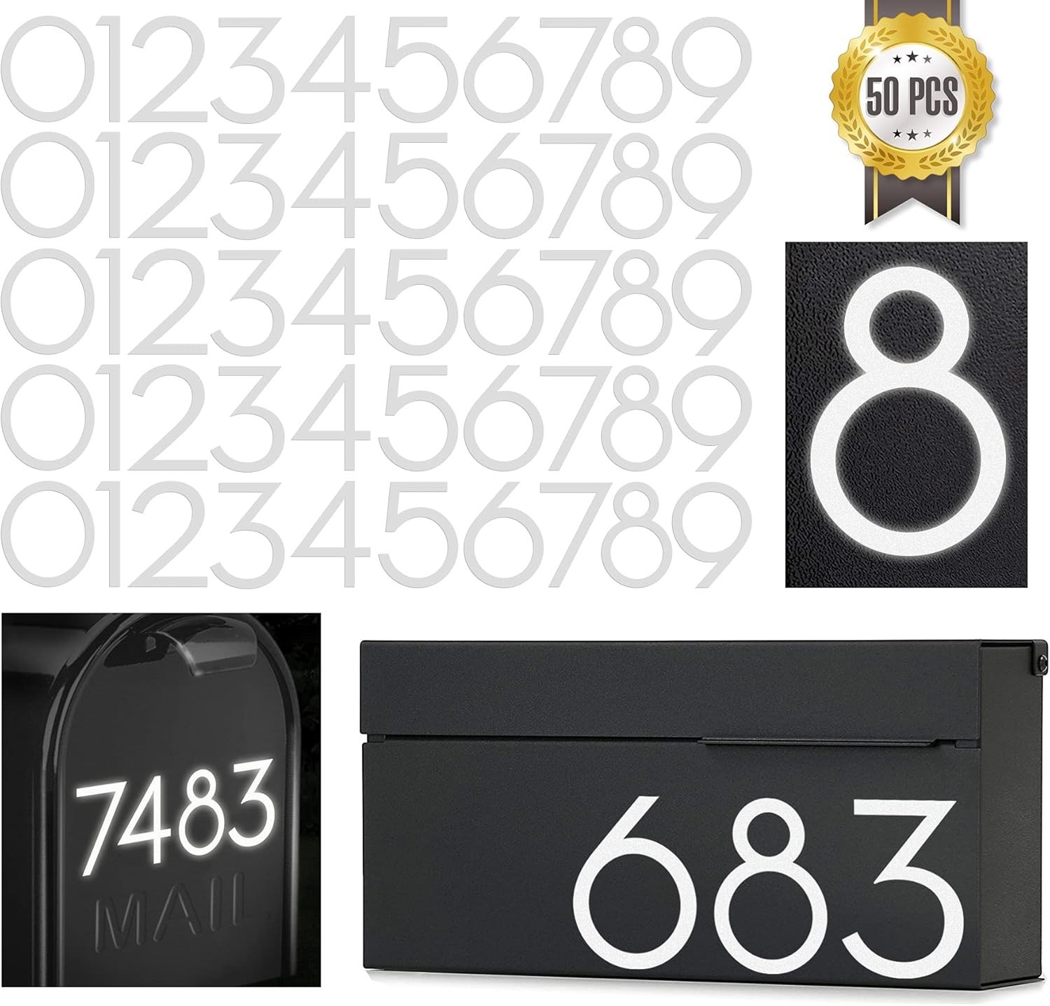 2 Inch Reflective Mailbox Numbers Sticker Set 0-9 5 Sets Vinyl