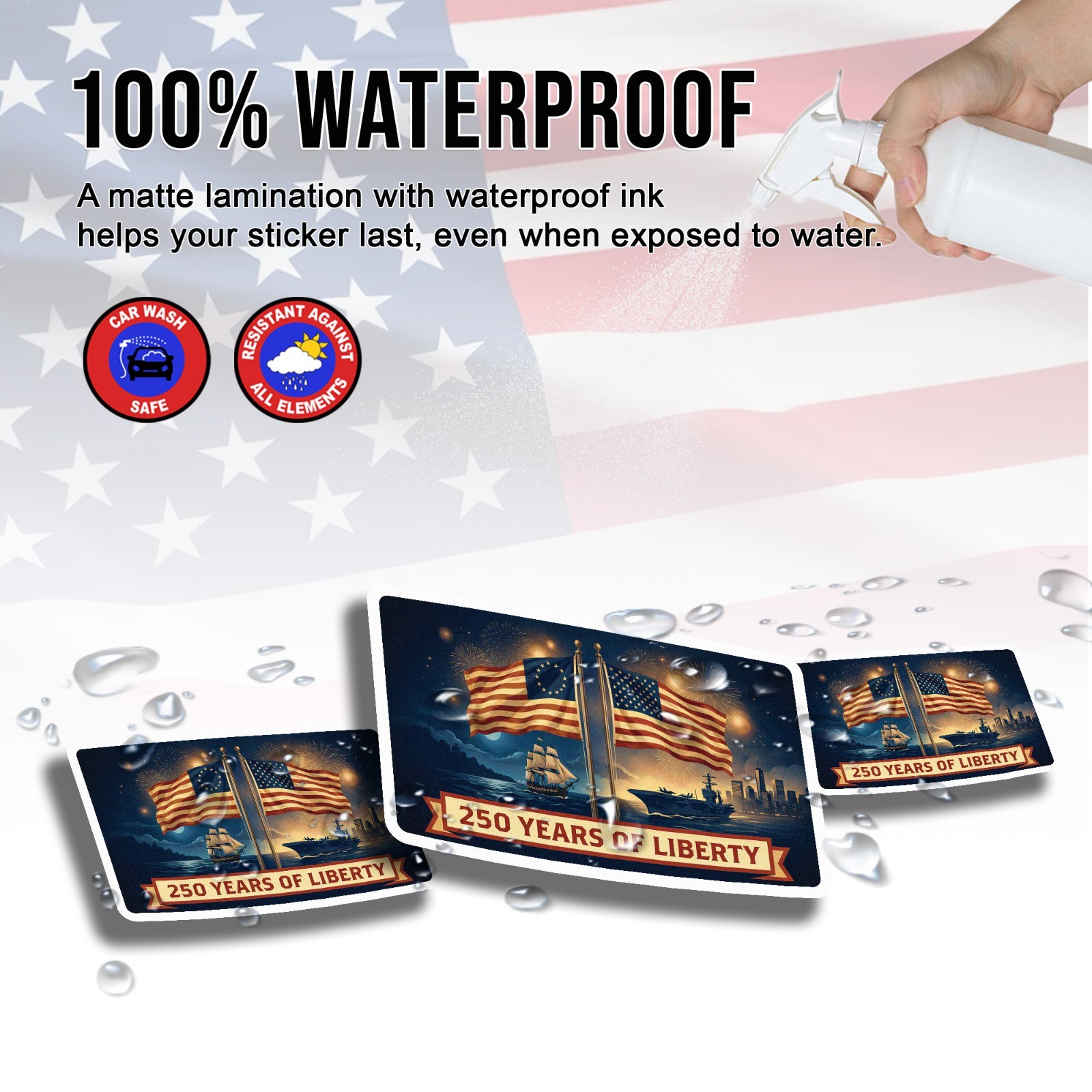 250th Anniversary of USA Sticker, 250 Years Of Liberty, Patriotic Flag Size 5″