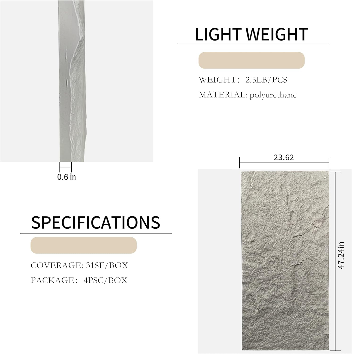4PCS 3D Grey Stone Texture PU Wall Panels for Stunning Interior Decor