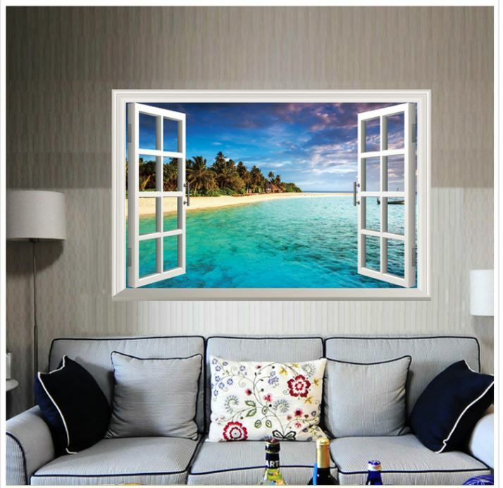 Wall Sticker 3D Window Mediterranean Beach Living Room Bedroom Decal Lobby Mural