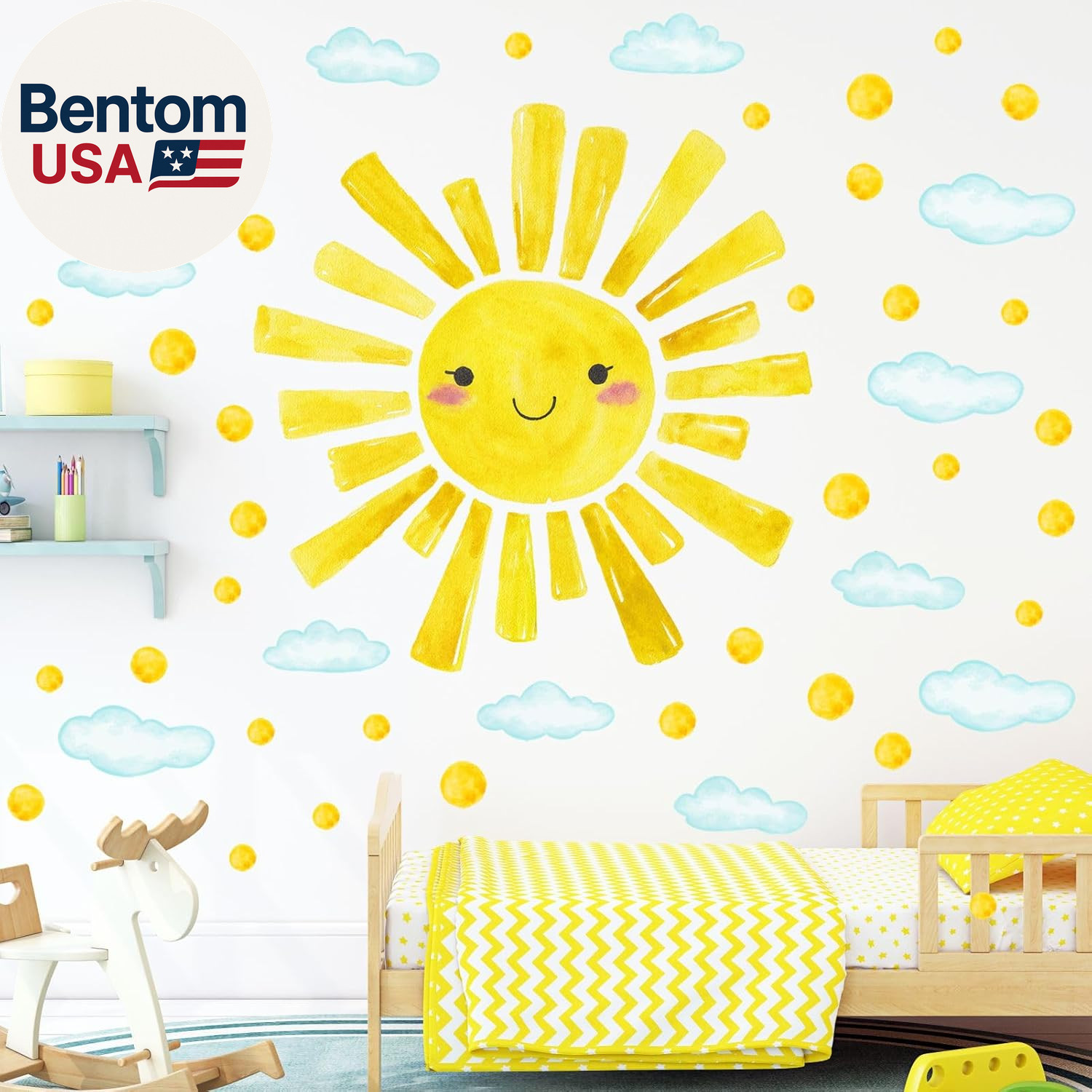 Watercolor Large Sun Wall Decals Cloud Polka Dots Wall Stickers for Kids Room, 1