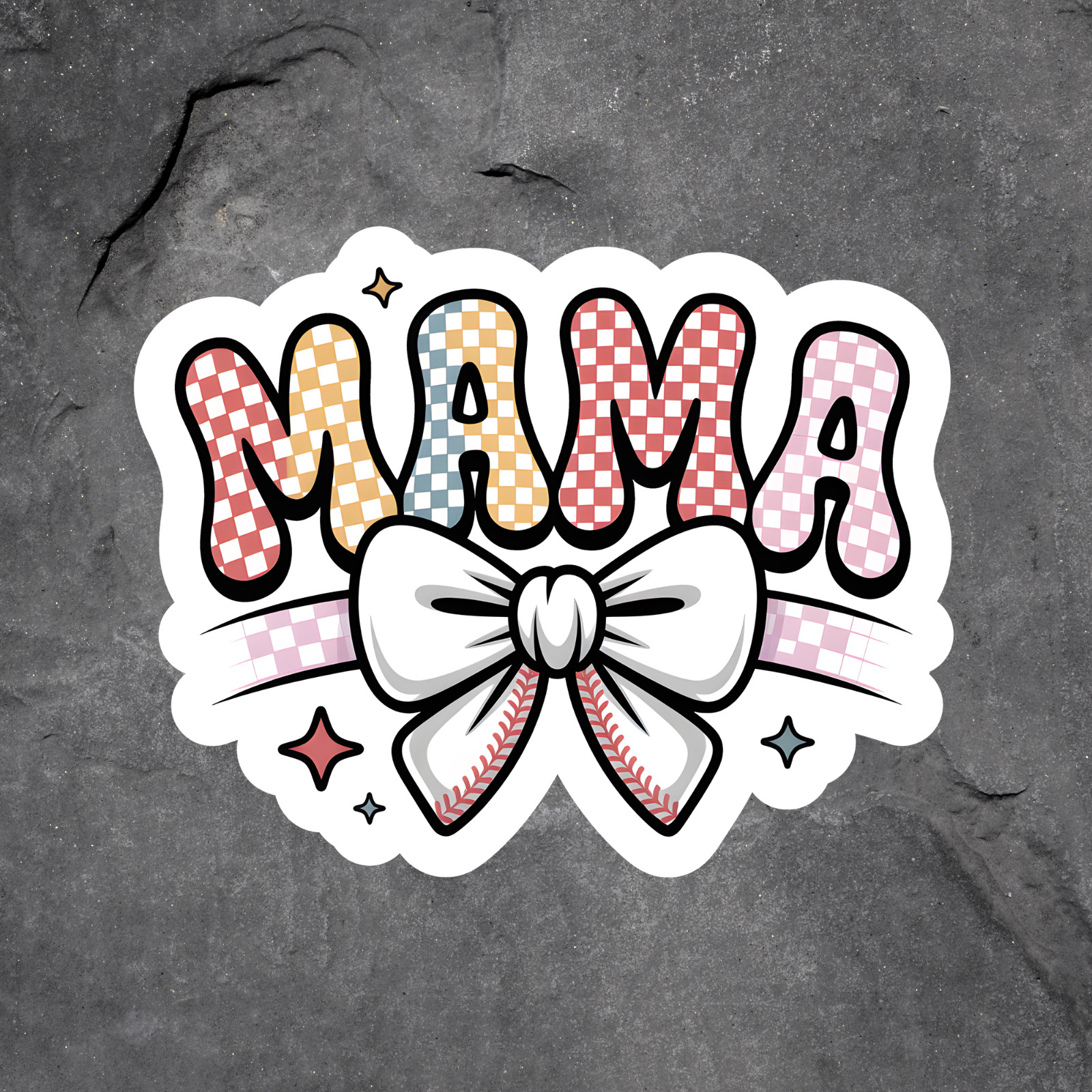 Mama sticker vinyl decal baseball bow pastel checkered cute sports mom gift
