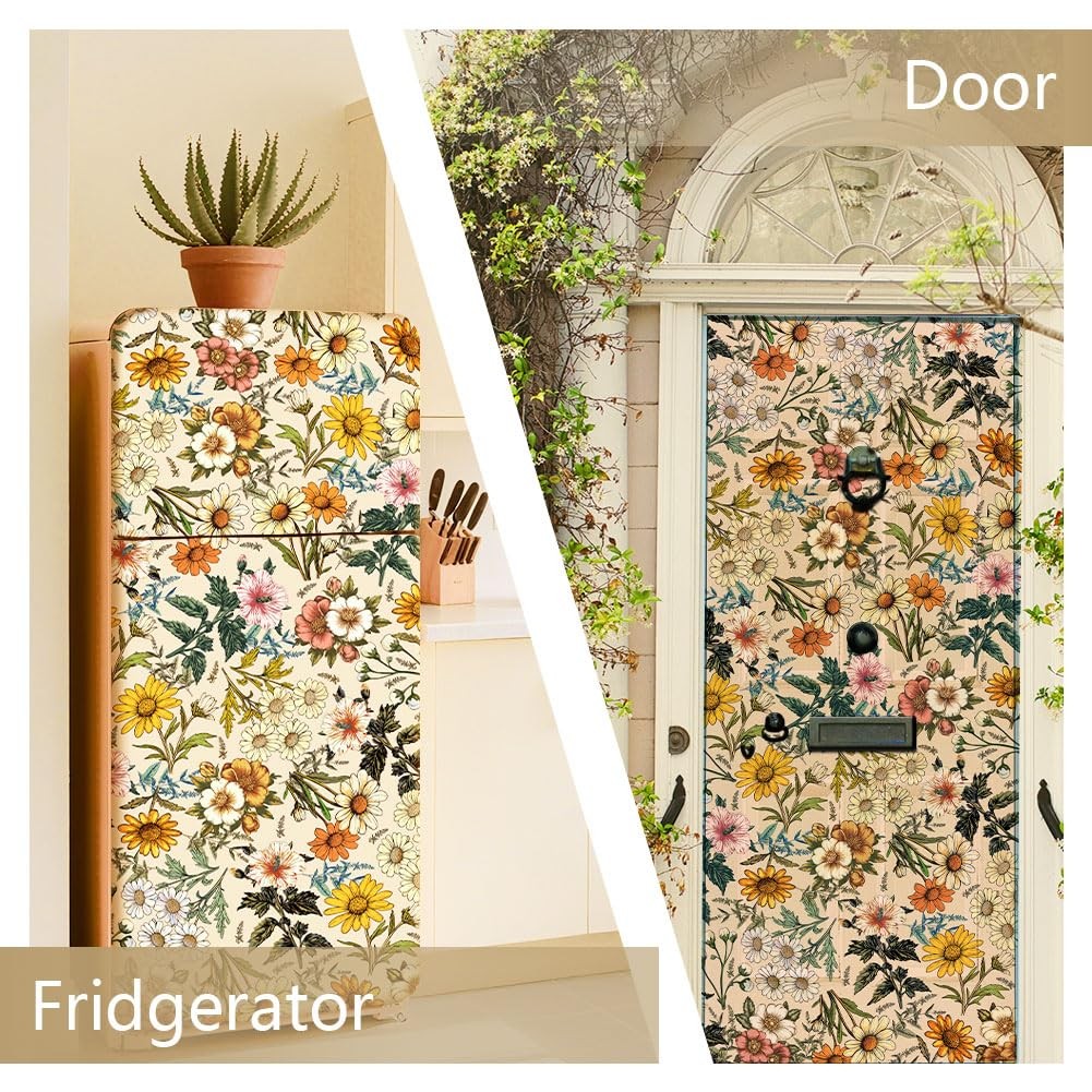 GOMAKERER 2 Pcs Retro Flower Removable Refrigerator Wraps, Self-Adhesive Frid…