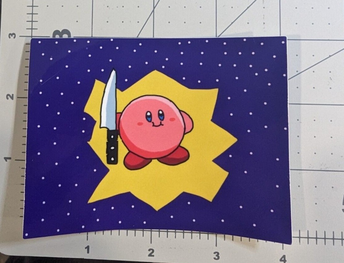 ‘Korbie’ holding a knife! die-cut sticker, waterproof, UV resist two styles Kirb