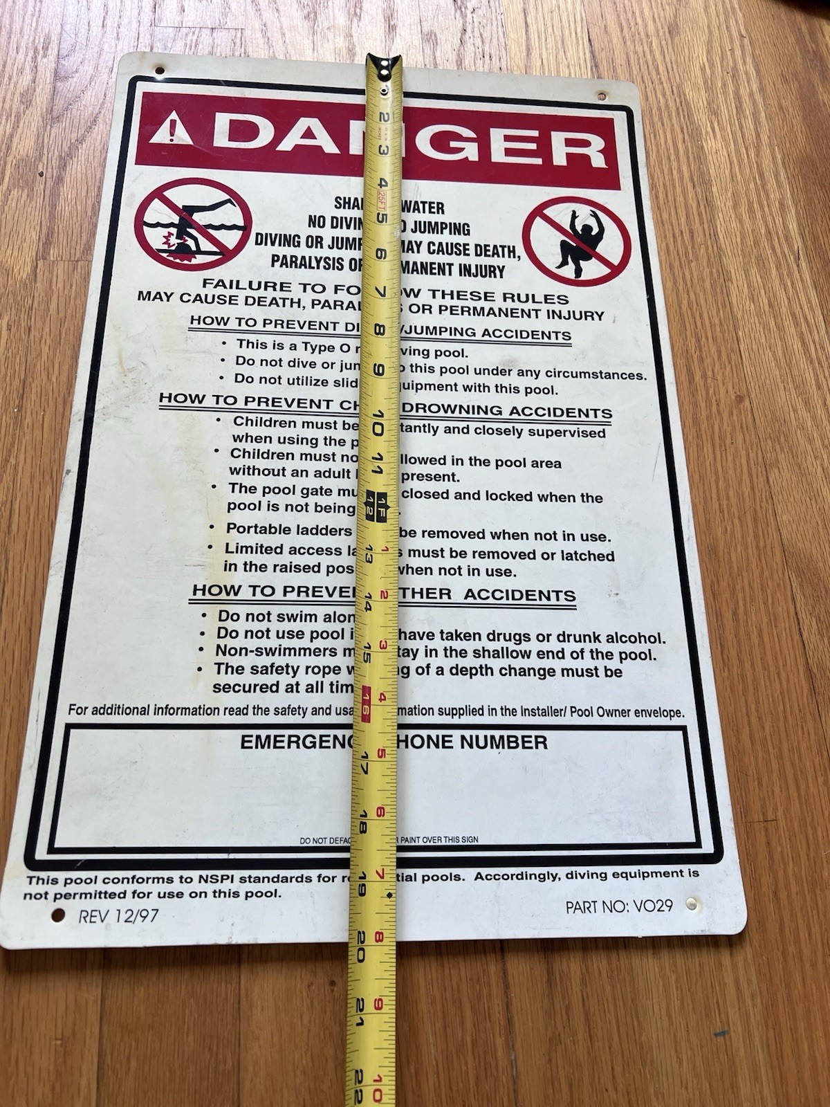 Danger NO Diving Shallow Water LARGE Pool Safety Sign School Park Apartment