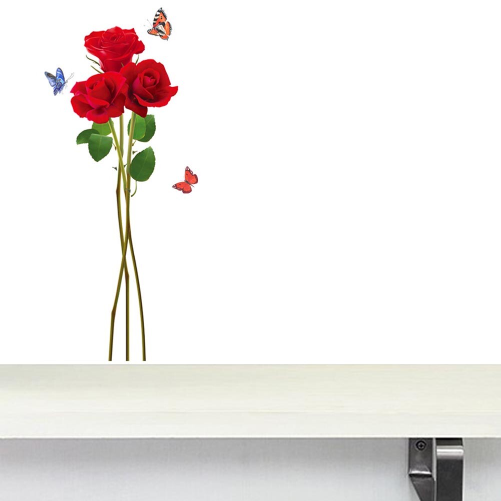Green Stem Leaves Red Rose Flower Decals Butterflies Nursery Decor Wall Stickers