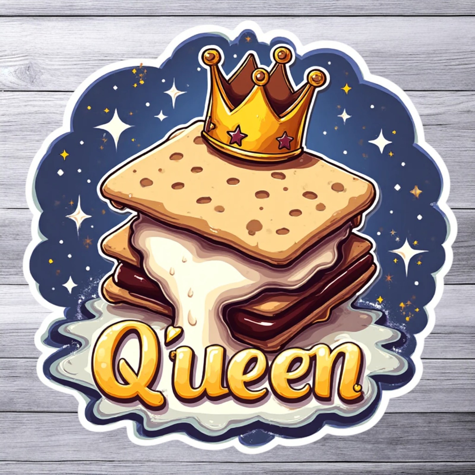 Camping sticker vinyl decal queen smores dessert crown campfire night art