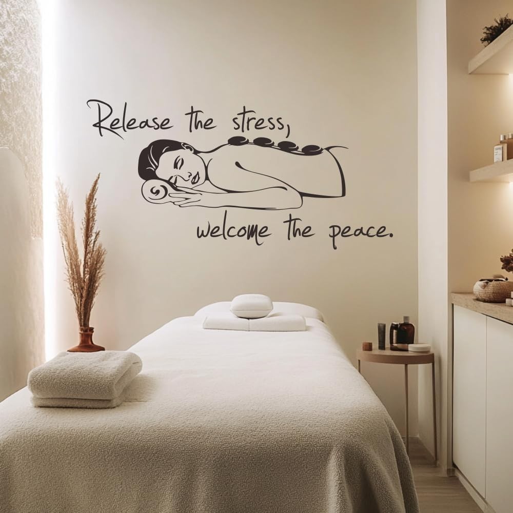 Relaxing Woman Massage Wall Decal with Quote Release The Stress, Welcome The Pea